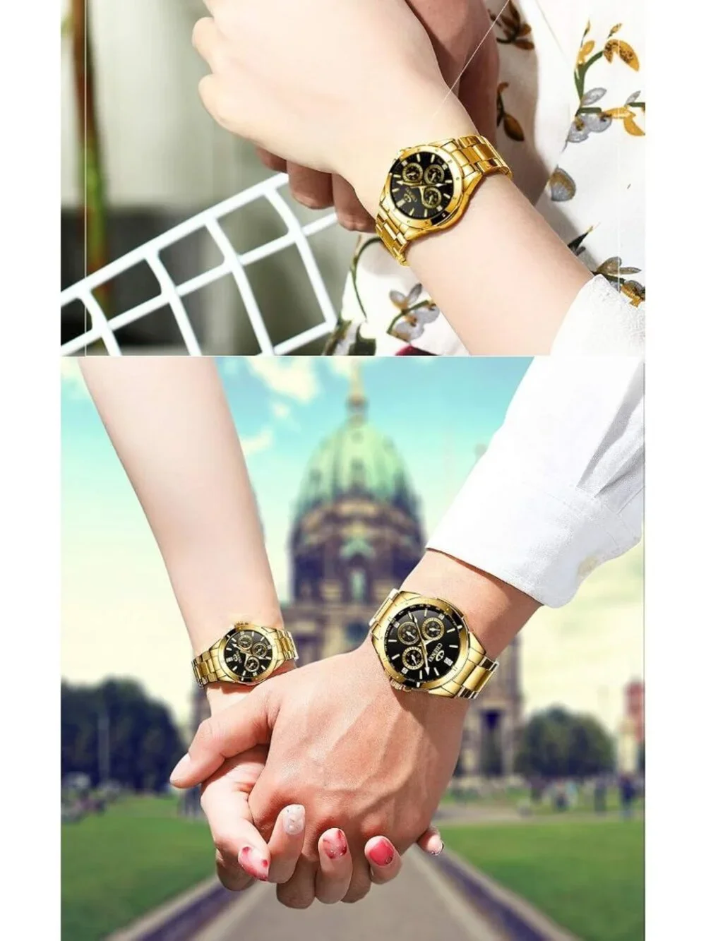 Men's Black Analog Quartz Gold Stainless Steel Crystals Classic Wrist Watch